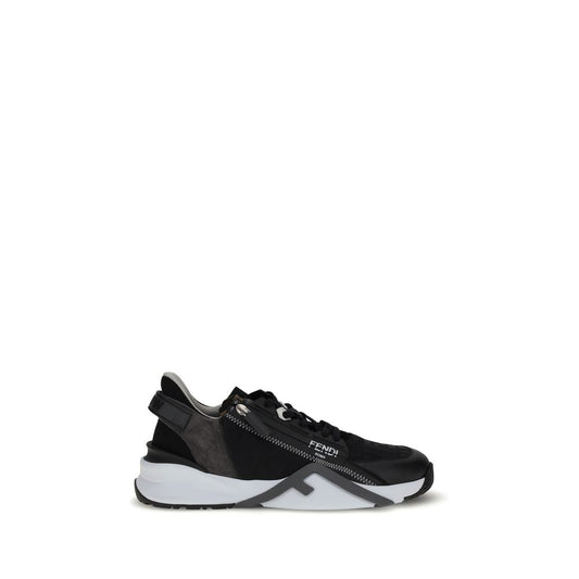 Fendi Gray Calf Leather Bos Taurus Athletic Sneakers with elastic laces, side zipper, and FF jacquard nylon design