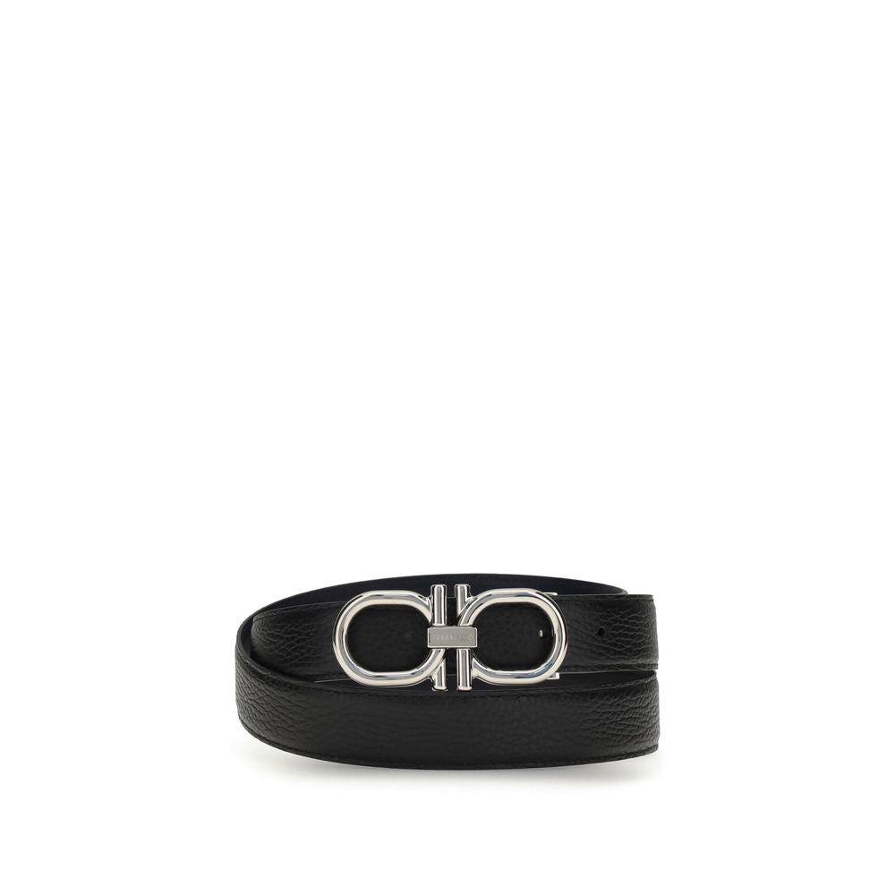 Ferragamo Black Calf Leather Bos Taurus Regular Belt with reversible Gancini buckle, stitched strap, and palladium finish.