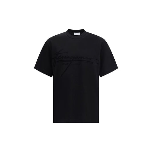 Ferragamo Black Cotton T-Shirt with ribbed crew neck and tone-on-tone signature, made in Italy, regular fit, season AW25.