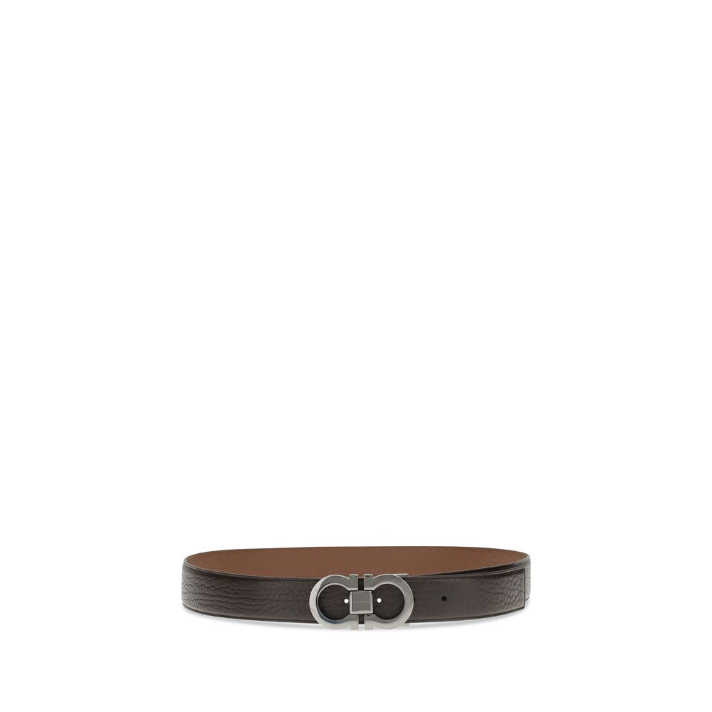Ferragamo Brown Leather Regular Belt with double Gancini buckle, reversible design, 100% leather, adjustable for a tailored fit.
