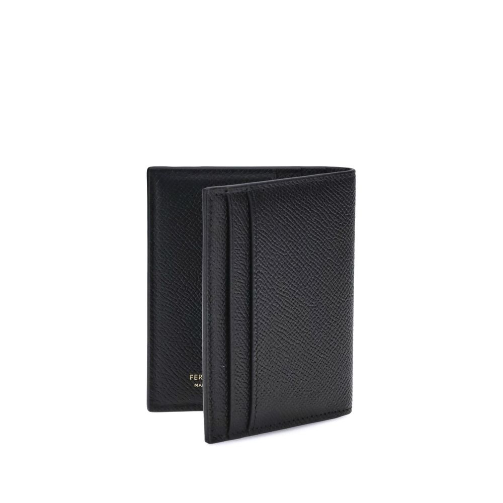 Ferragamo Leather Card Holder with Gancini ornament, featuring 8 internal and 2 external slots, elegant and functional design for men.