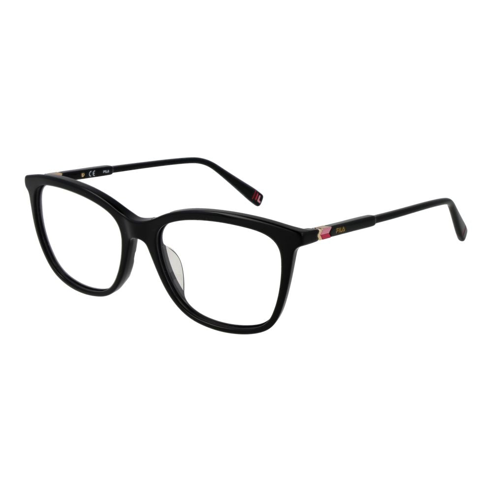 Fila Black Women Glasses Frame, full-rim square style, black plastic material, 54-16-140 size, demo lenses, includes branded case