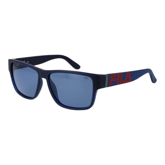 Fila Blue Men Sunglass with full-rim polarized blue lenses and plastic rectangle frame, UVA & UVB protection, includes branded case.
