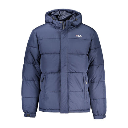 Fila Blue Polyester Men Jacket with hood and pockets, featuring iconic logo, water-repellent, stylish outerwear.