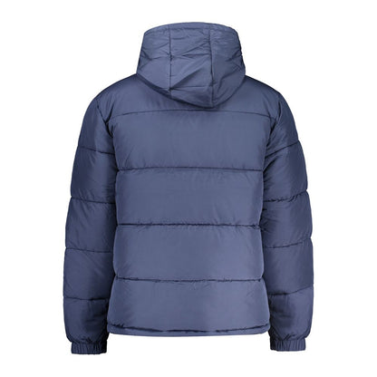 Fila Blue Polyester Men Jacket with hood and pockets, back view highlighting water-repellent design and iconic Fila logo detailing