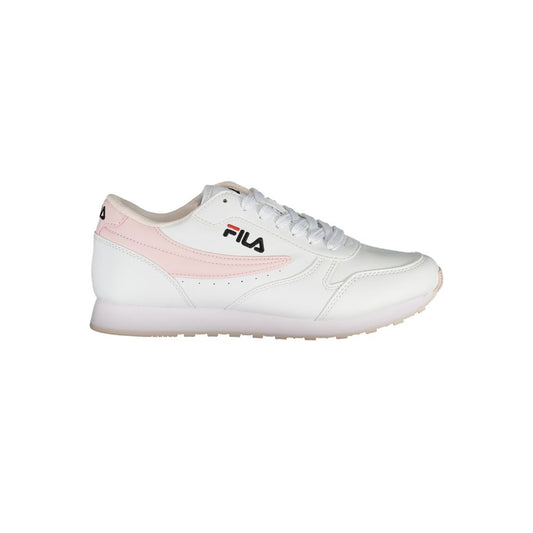 Fila White Synthetic Women Sneaker with pink accents and Fila logo, showcasing modern style and comfort for the fashion-forward.