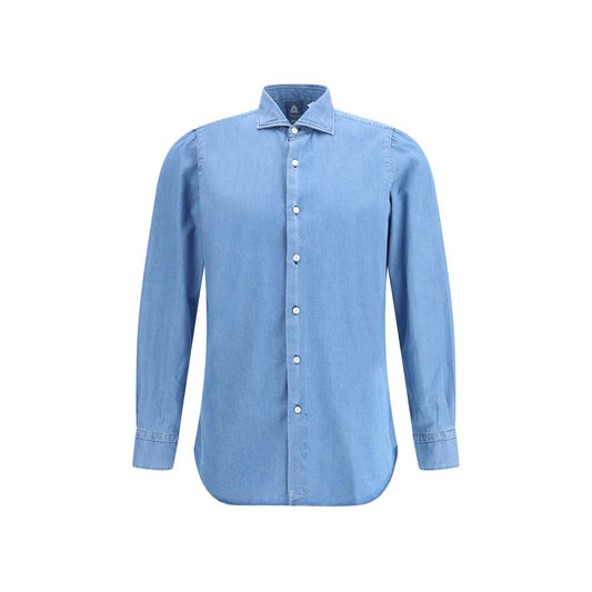 Finamore Blue Denim Shirt with French collar and button closure, perfect for formal and casual wear. Made from 100% cotton.