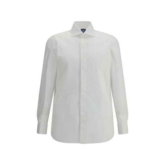 Finamore White Cotton Dress Shirt featuring a French collar and concealed buttons, tailored for formal occasions, regular fit.