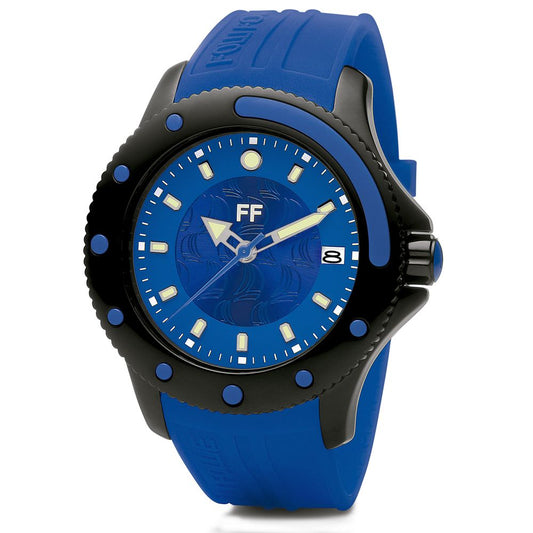 Folli Follie Blue Synthetic Sport Watch with quartz mechanism, black plastic case, blue silicone bracelet, analog display, and buckle closure.