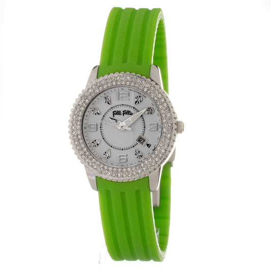 Folli Follie Green Synthetic Dress Watch with silver stainless steel case, white dial, and green silicone bracelet, quartz movement.
