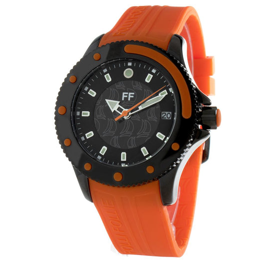 Folli Follie Orange Plastic Sport Watch with black stainless steel case, analog display, and orange plastic bracelet.