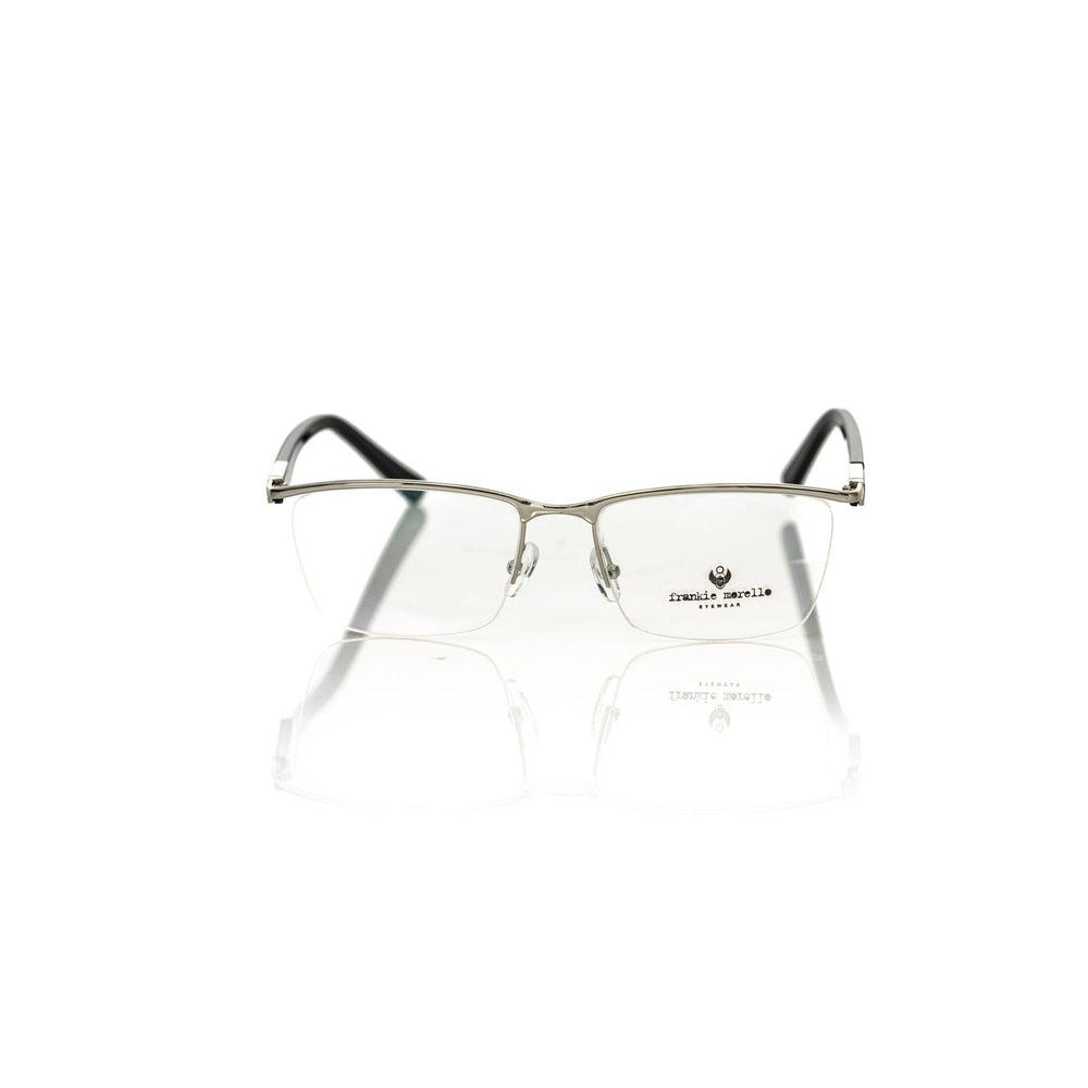 Frankie Morello Black Metallic Unisex Frame eyeglasses, Italian design with sleek black finish and logo detail, fashion-forward eyewear.