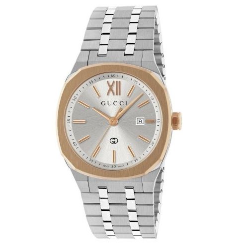 GUCCI MOD. YA163508 luxury wristwatch with silver and gold design, featuring date display and Roman numeral dial.