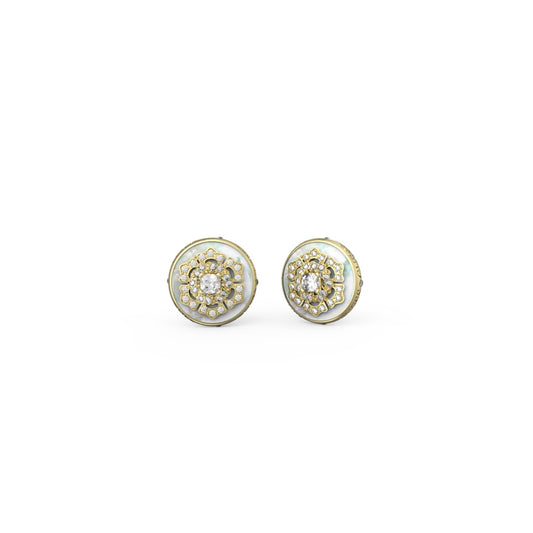 Gold round earrings from GUESS JEWELS JEWELRY Mod. JUBE04551JWYGT-U featuring intricate design with crystal accents.
