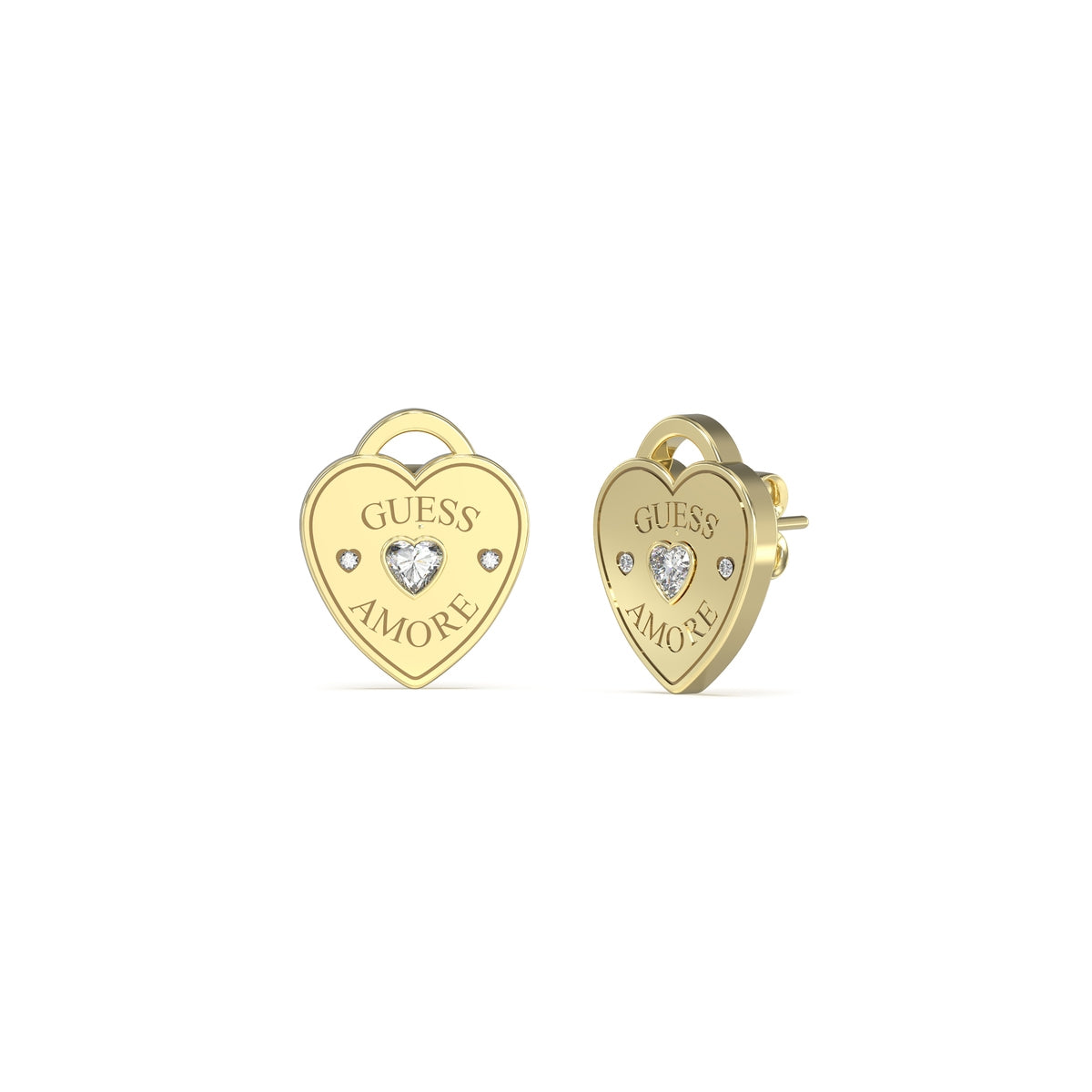 GUESS JEWELS JEWELRY Mod. JUBE05058JWYGT-U heart-shaped gold earrings with "GUESS AMORE" engraving and crystal accents
