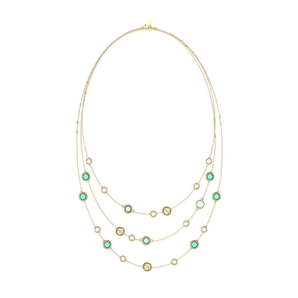 Elegant layered necklace from GUESS JEWELS JEWELRY Mod. JUBN05090JWYGAQT-U with turquoise accents on a gold chain.