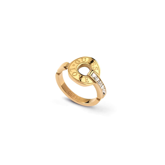 GUESS JEWELS JEWELRY Mod. JUBR04079JWYG56 gold ring with logo and crystal accents on white background.