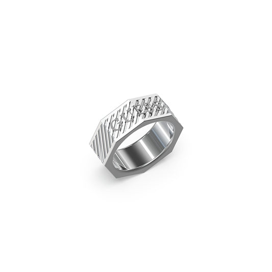 Silver ring from GUESS JEWELS JEWELRY Mod. JUMR03030JWST62, featuring a modern design with engraved details.