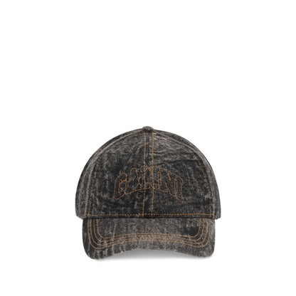 Front view of Ganni Gray Cotton Cap (Baseball Hat) with embroidered GANNI logo, made of durable cotton denim.