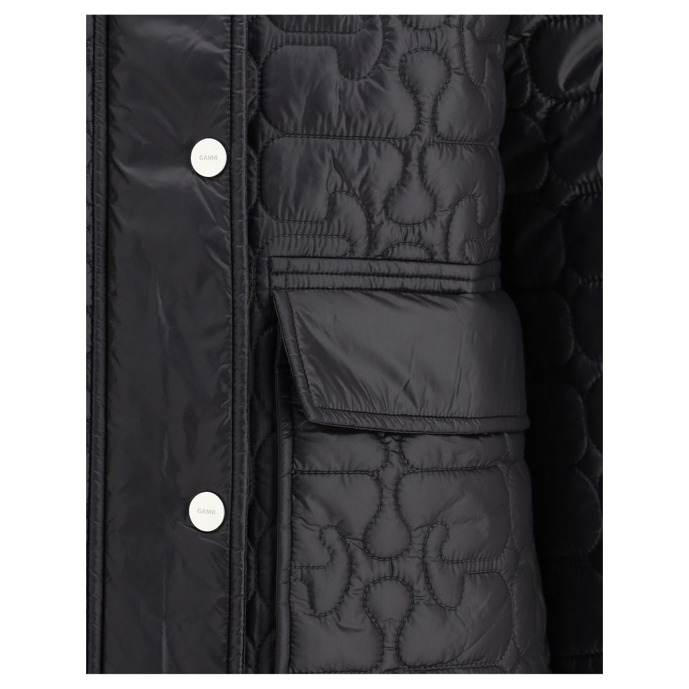 Close-up of Ganni Gray Nylon Coat showcasing quilted design and flap pocket for a stylish and functional look.