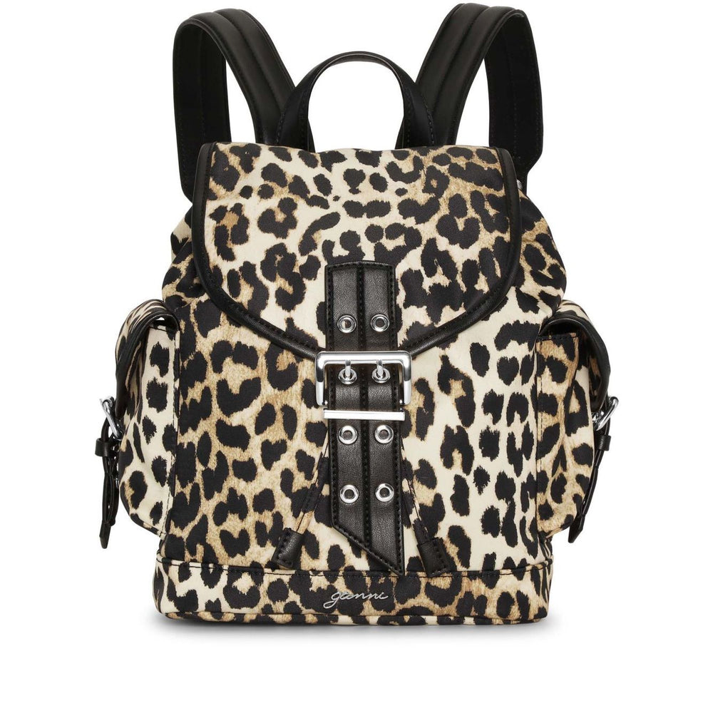 Ganni Leopard Small Nylon Bucky Backpack with foldover top and drawstring, brown buckle fastening, and single top handle.