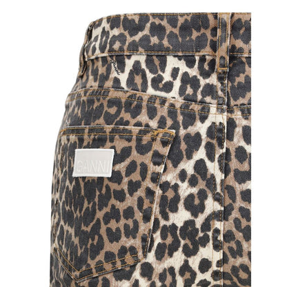 Close-up of Ganni Multicolor Cotton Casual Pants with animal print and logo patch on back pocket.
