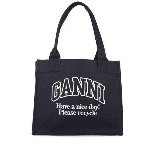 Ganni Organic cotton large tote bag in black with top handles and eco-friendly message "Have a nice day! Please recycle."