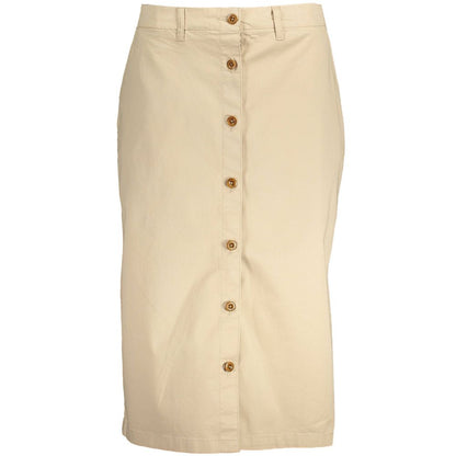 Gant Beige Cotton Women Skirt with button-up design and four pockets, perfect blend of chic and comfort for versatile day-to-night fashion.