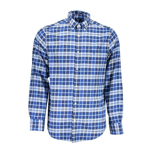 Gant Blue Cotton Men Shirt with plaid design and button-down collar. Classic long sleeve style for modern sophistication.