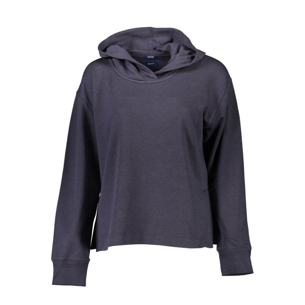 Gant Blue Cotton Women Sweater with hood and side slits, featuring the iconic Gant logo. Perfect for casual elegance and comfort.