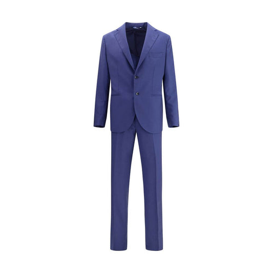Gi Capri Blue Fleece Wool Suits And Blazer featuring a mélange striped pattern and classic lapels on a single-breasted jacket with pants.