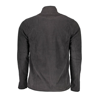 Back view of Gianmarco Venturi Black Polyester Sweatshirt, featuring long sleeves, two pockets, zip, embroidery, and logo.