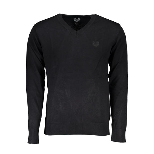 Gianmarco Venturi Black Viscose Sweater, long-sleeved V-neck with embroidery and logo