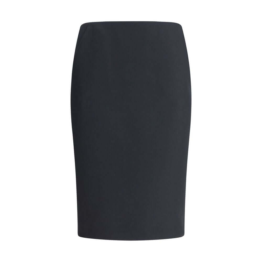 Giorgio Armani Black Recycled Polyester Midi Skirt with back zip and side pockets, elegant techno scuba pencil skirt for AW25 season.