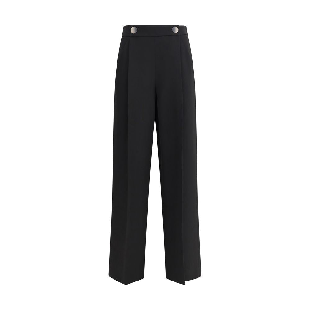 Giorgio Armani Black Silk Casual Pants with distinctive buttons, side zipper, and slanted pockets for elegant AW25 fashion.