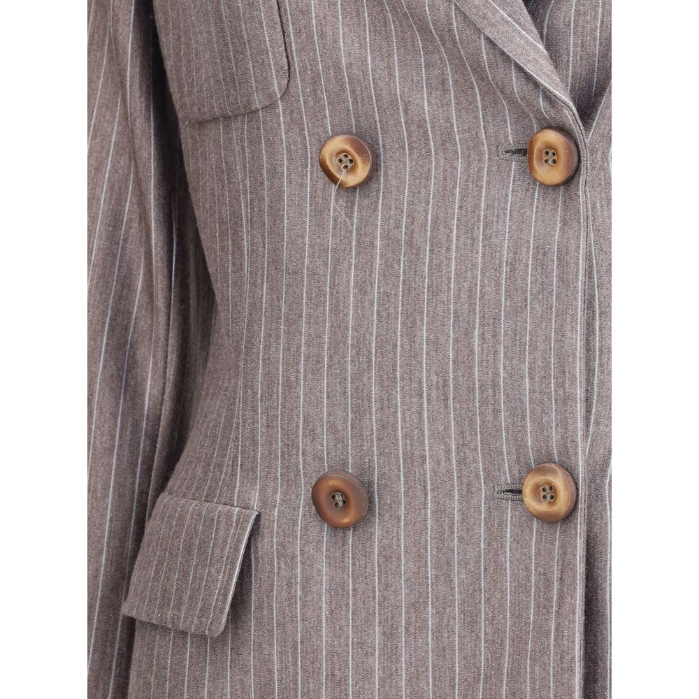 Giorgio Armani Brown Cashmere Blazer featuring double-breasted closure and elegant striped design with peaked lapels.