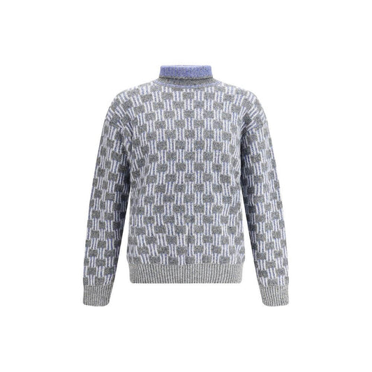 Giorgio Armani Light Blue Cotton Turtleneck sweater with two-tone graphic pattern and soft, warm knit fabric.