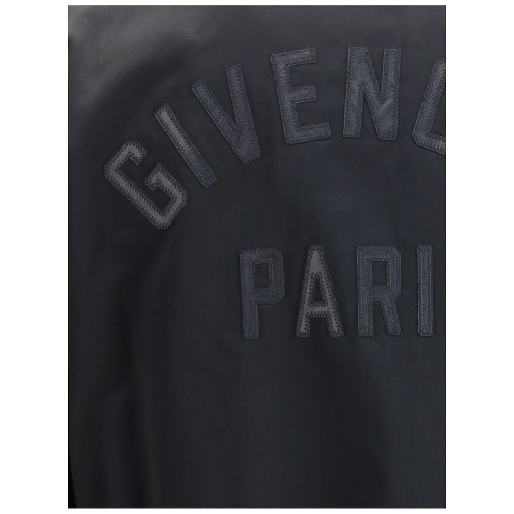 GIVENCHY Paris logo detail on back of Givenchy Black Cotton Bomber, featuring satin and leather materials for a stylish look.
