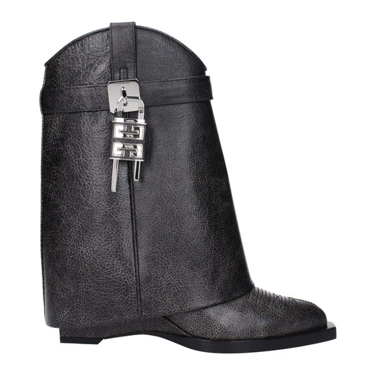 Givenchy Black Leather Ankle Boots with vintage effect and wedge heel, featuring silver side detail and logo, MPN BE6048E1WZ001.