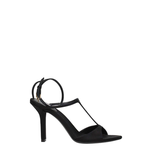Givenchy Black Satin Stiletto Heel Sandals with buckle closure, open toe, leather sole, and high heel style in elegant black and gold.
