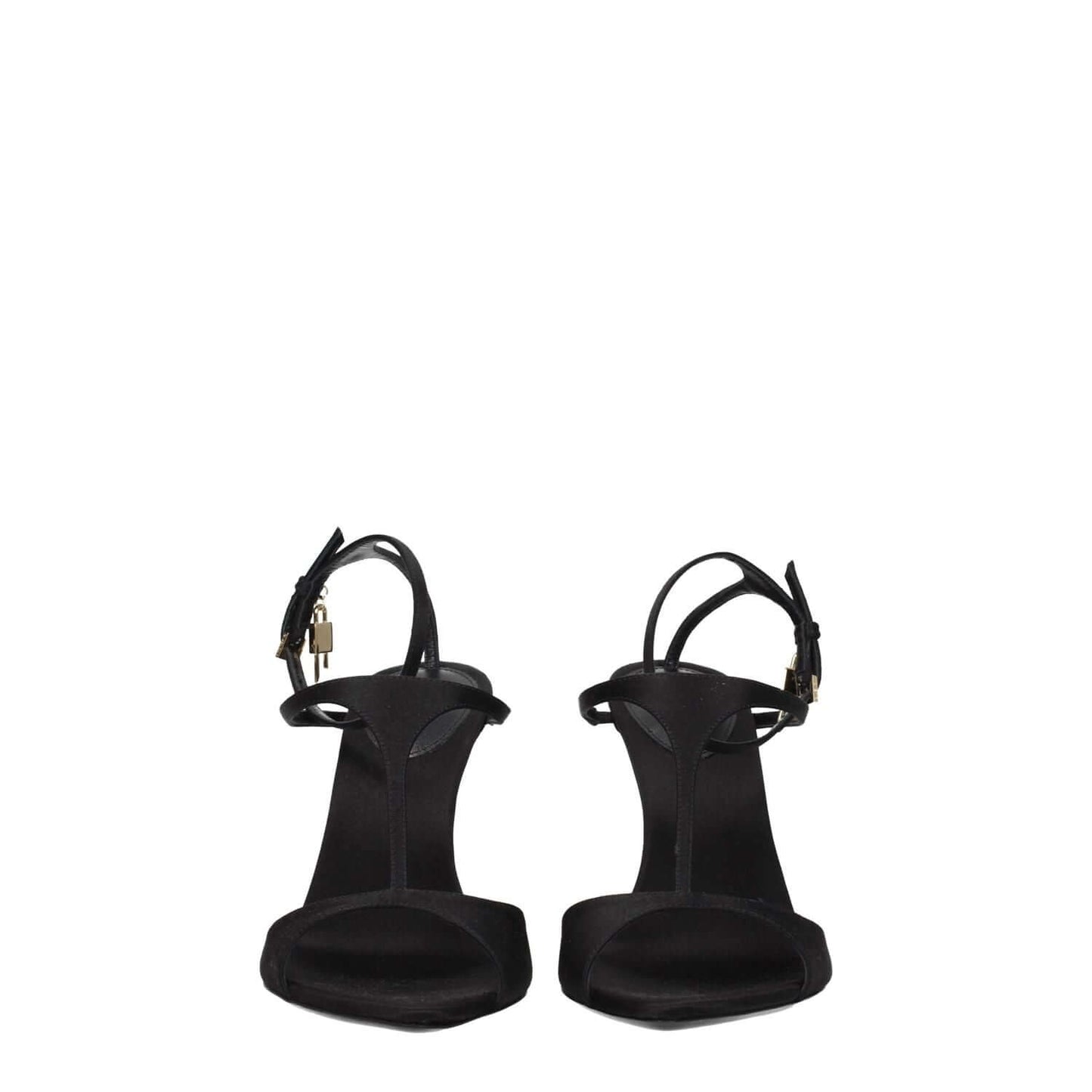 Front view of Givenchy Black Satin Stiletto Heel Sandals with open toe and buckle closure.
