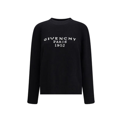 Givenchy Black Wool Sweatshirt with 'GIVENCHY Paris 1952' jacquard design, ribbed collar, hem, and cuffs, made of wool and cashmere blend.