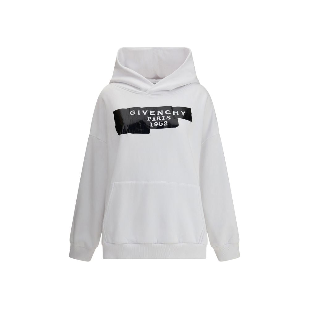 Givenchy White Cotton Sweatshirt with 3D logo print, hood, and pouch pocket. Oversized fit, ribbed hems, modern AW25 style.