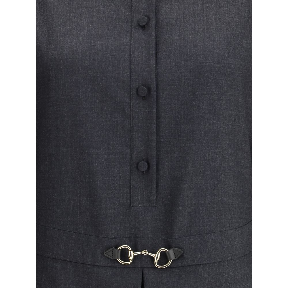 Gucci Gray Wool Casual Dress with front buttons and horsebit detail, showcasing elegance and versatility.