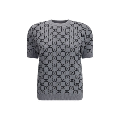 Gucci Gray Wool Sweatshirt with GG Supreme pattern, short-sleeve retro-inspired design, ribbed crew neck and trim, celebrating classic style.