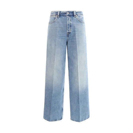 Gucci Light Blue Cotton Jeans Denim with wide leg, high waist, contrast stitching, and vintage faded effect for AW25 season.