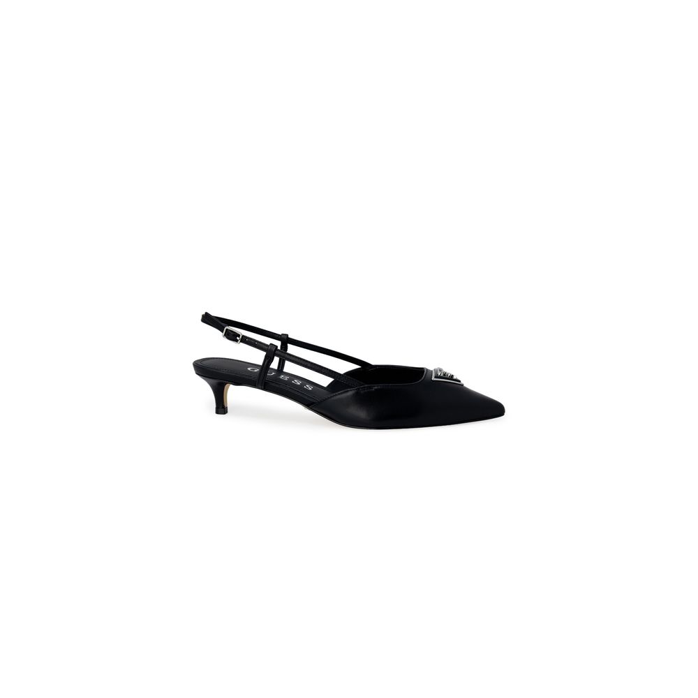 Guess Black Polyester High Heel slingback pumps with sleek silhouette and low heel, featuring buckle strap and metallic logo detail