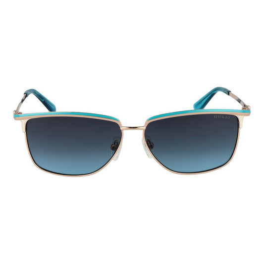 Guess Gold Women Sunglass with gold full-rim metal frame and gradient green lenses, butterfly style, offering 100% UVA & UVB protection.