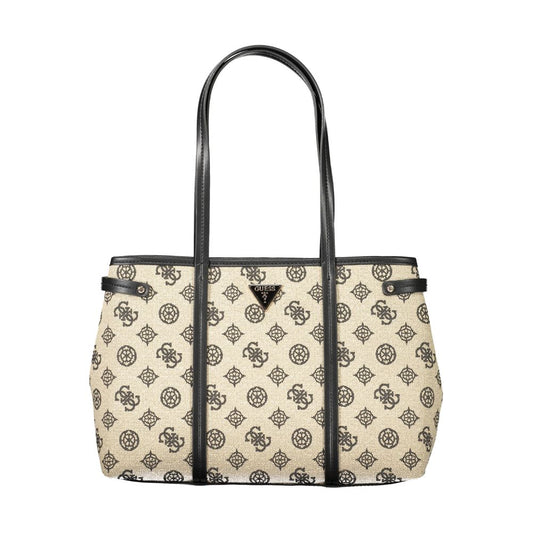 Guess Jeans Beige Cotton Women Handbag with black handles, featuring logo pattern and spacious compartments for stylish organization.