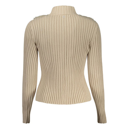 Back view of Guess Jeans Beige Polyester Sweater with ribbed long sleeves, zip closure, and logo detailing.